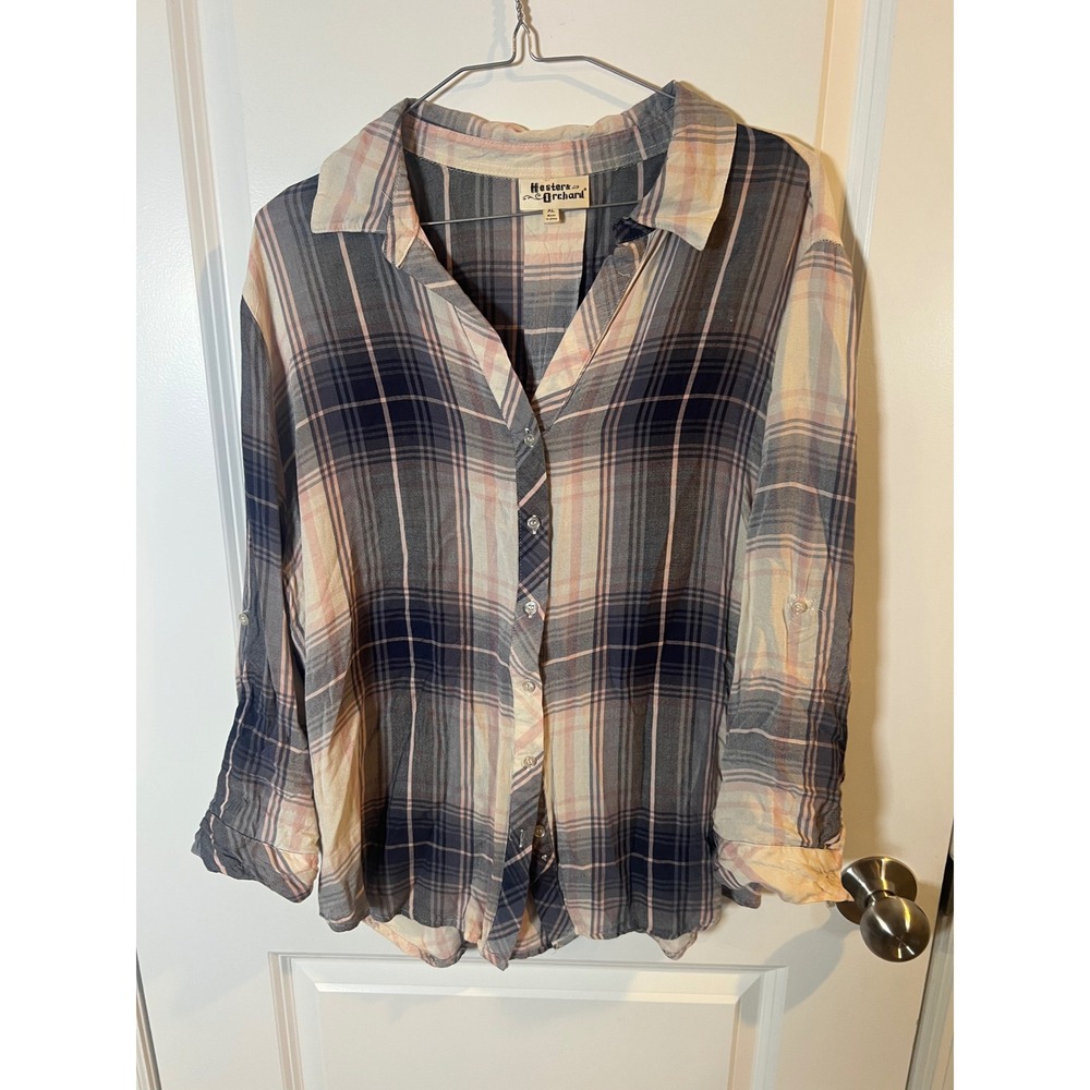 Hester & Orchard Womens Button Down Roll Tab Sleeve Plaid Pink Gray XL